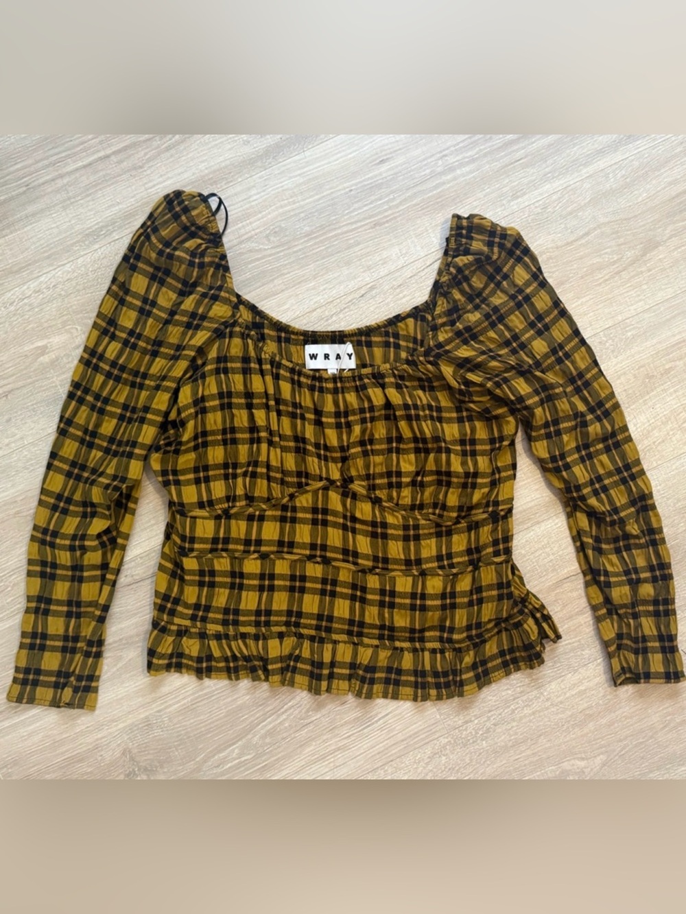WRAY Mustard Plaid Puff-Sleeve Square Neck Blouse